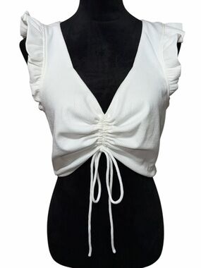 Princess Polly White Ruched Tie-Front Ruffle Sleeve Crop Top